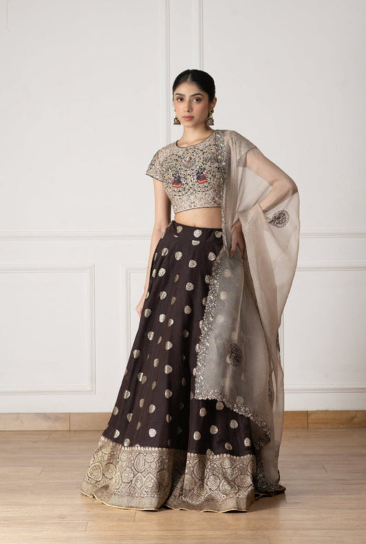 Floral Embroidered Brown Silk Blouse With Butti Pattern Lehenga Set