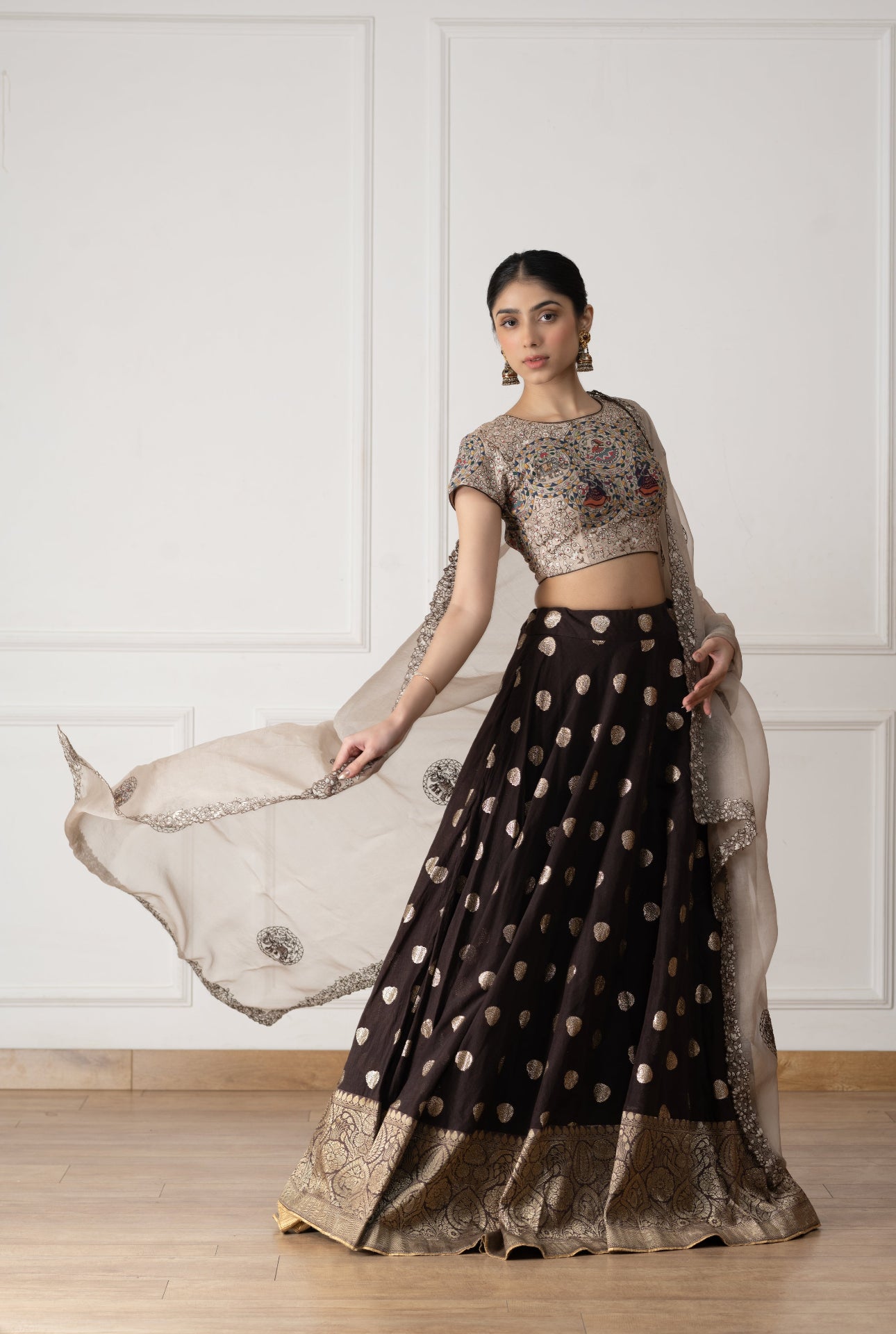 Floral Embroidered Brown Silk Blouse With Butti Pattern Lehenga Set