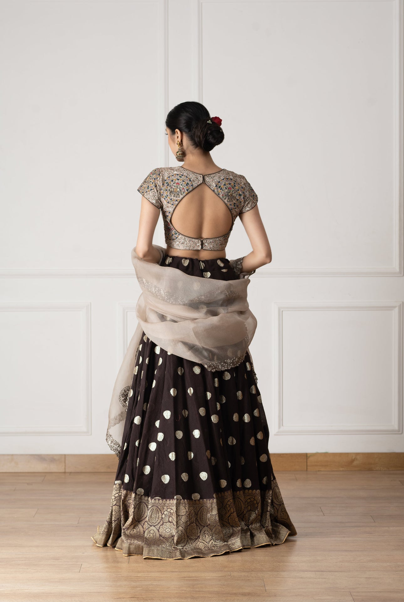 Floral Embroidered Brown Silk Blouse With Butti Pattern Lehenga Set