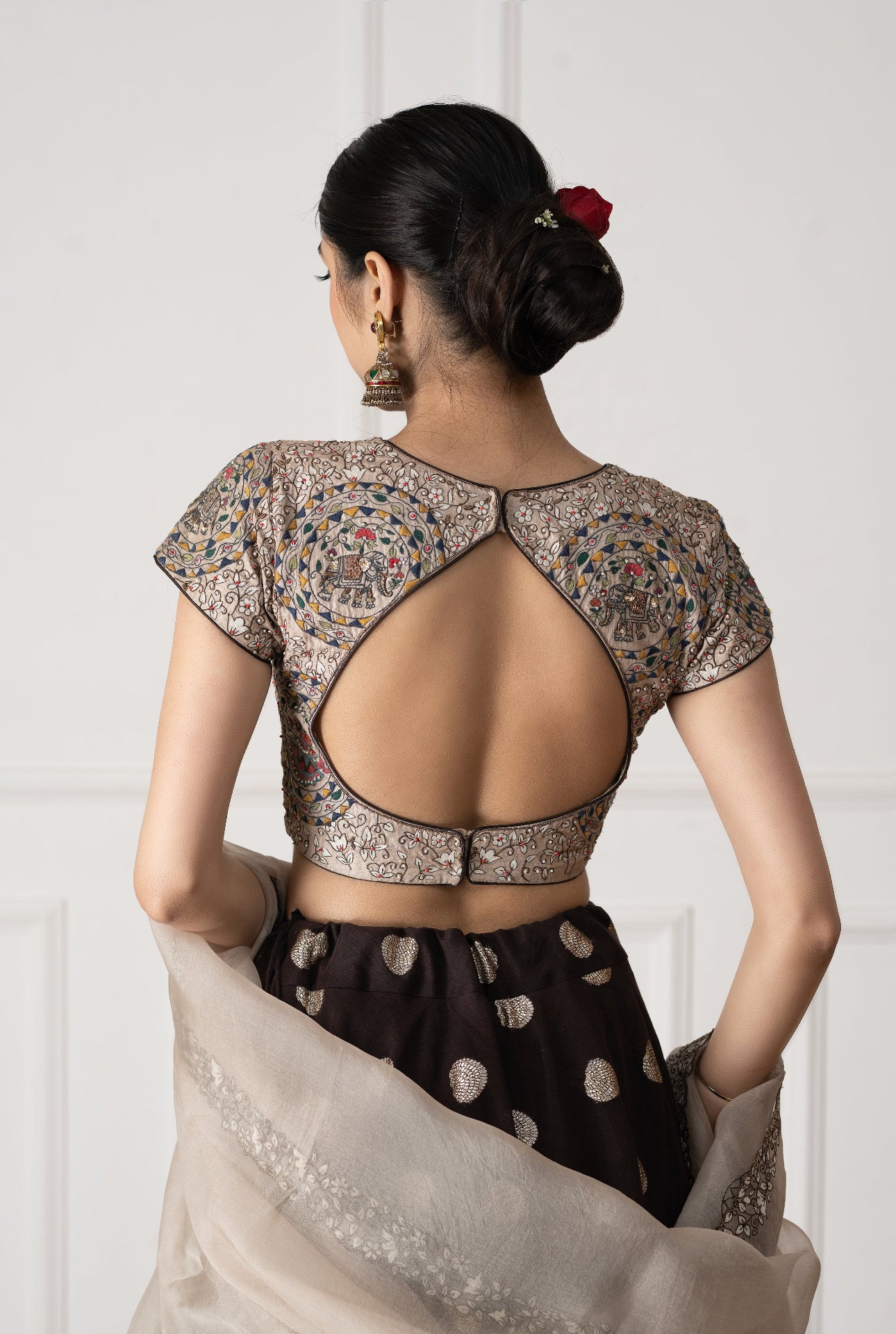 Floral Embroidered Brown Silk Blouse With Butti Pattern Lehenga Set