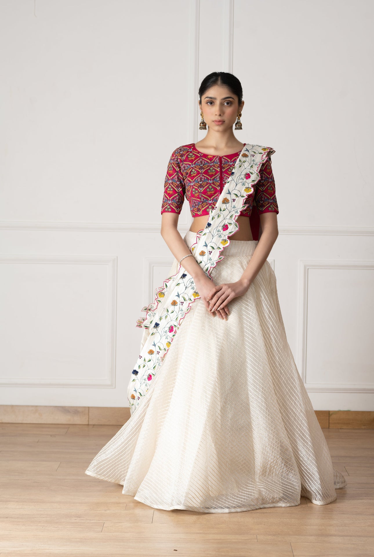 Embroidered Pink Silk Blouse And White Dupatta Lehenga Set