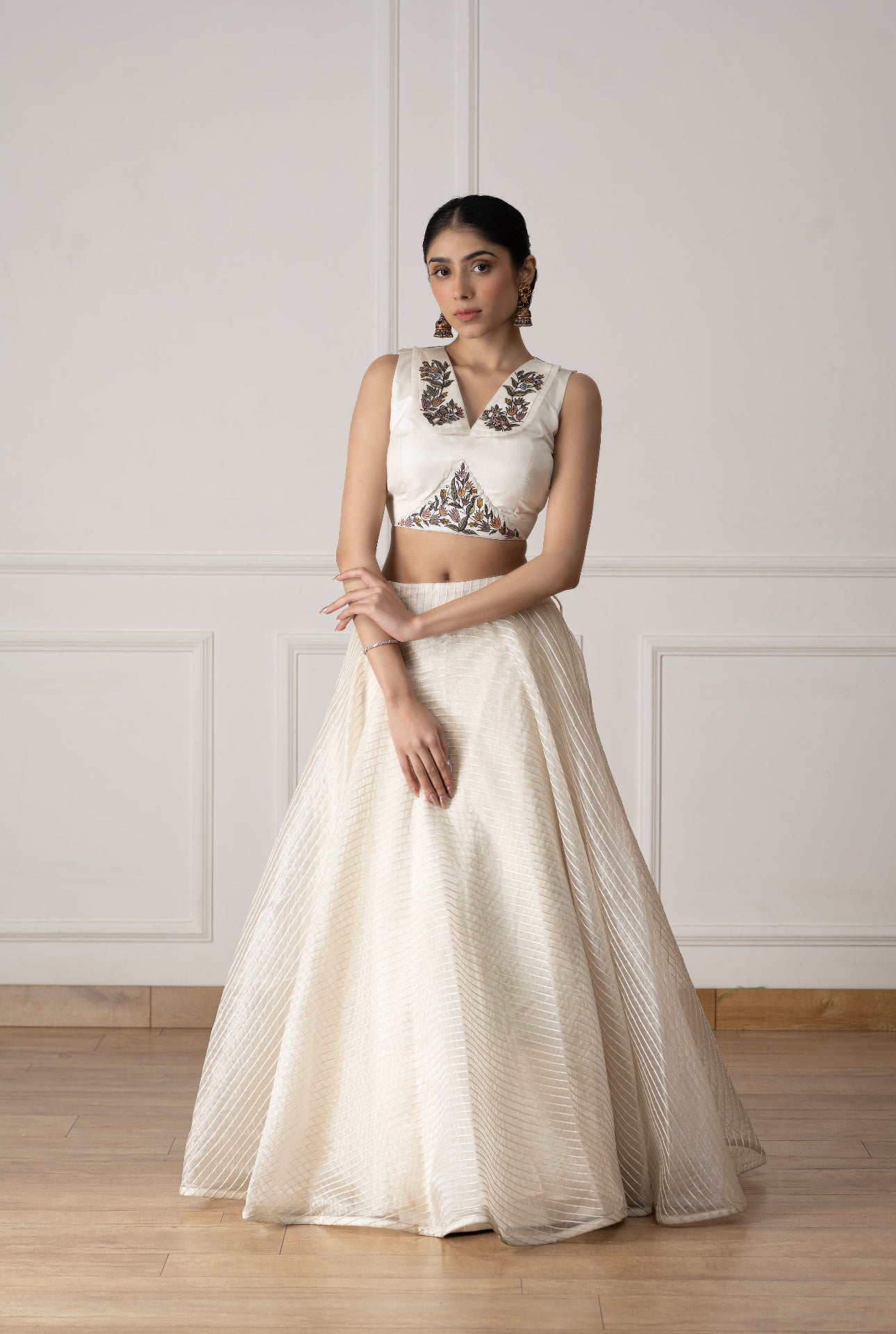 Flora Embroidered White Silk Blouse With Lehenga