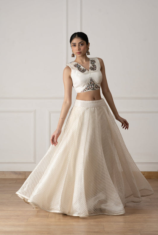 Flora Embroidered White Silk Blouse With Lehenga