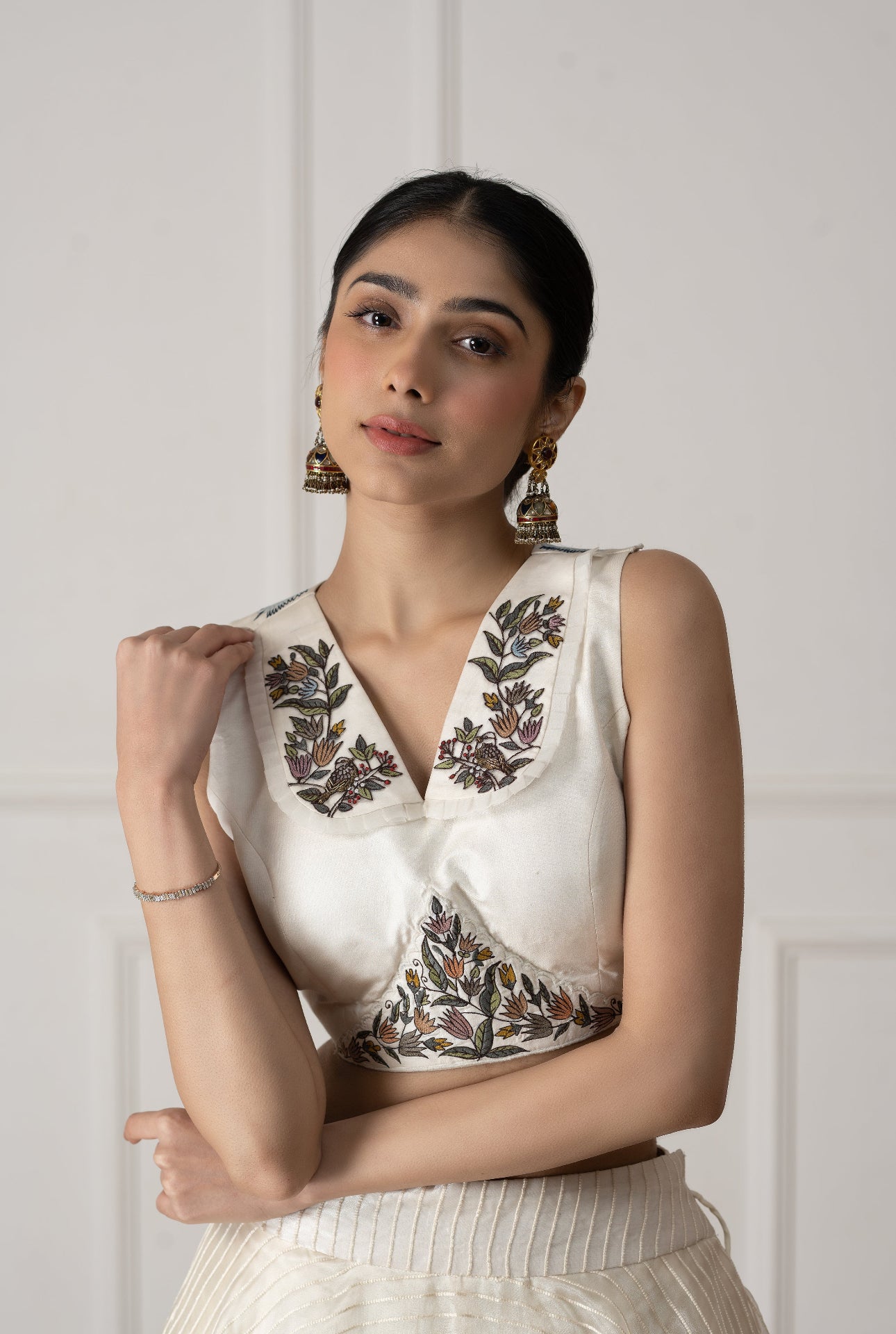 Flora Embroidered White Silk Blouse With Lehenga