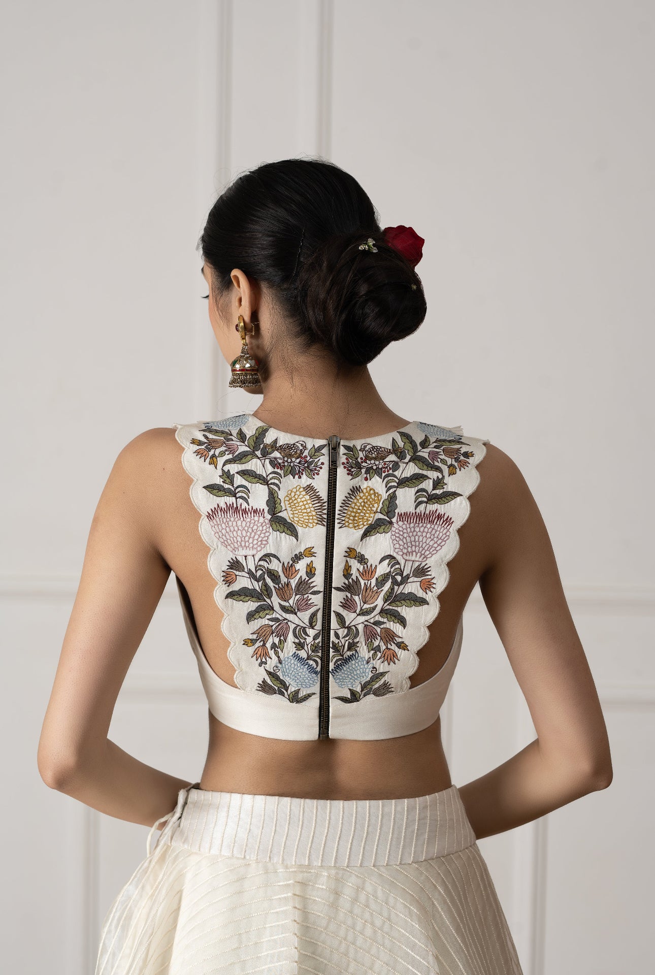 Flora Embroidered White Silk Blouse With Lehenga