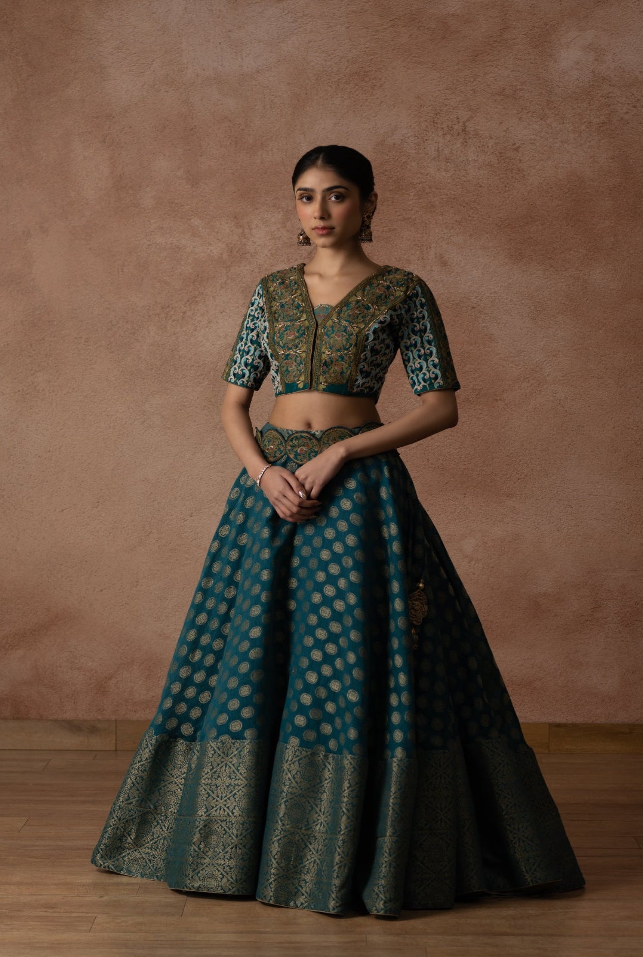 Finely Embroidered Green Silk Blouse And Chanderi Silk Lehenga