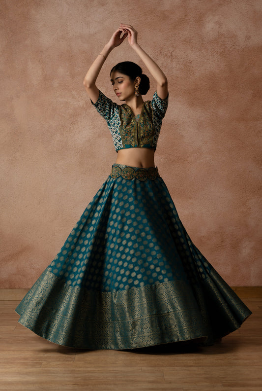 Finely Embroidered Green Silk Blouse And Chanderi Silk Lehenga