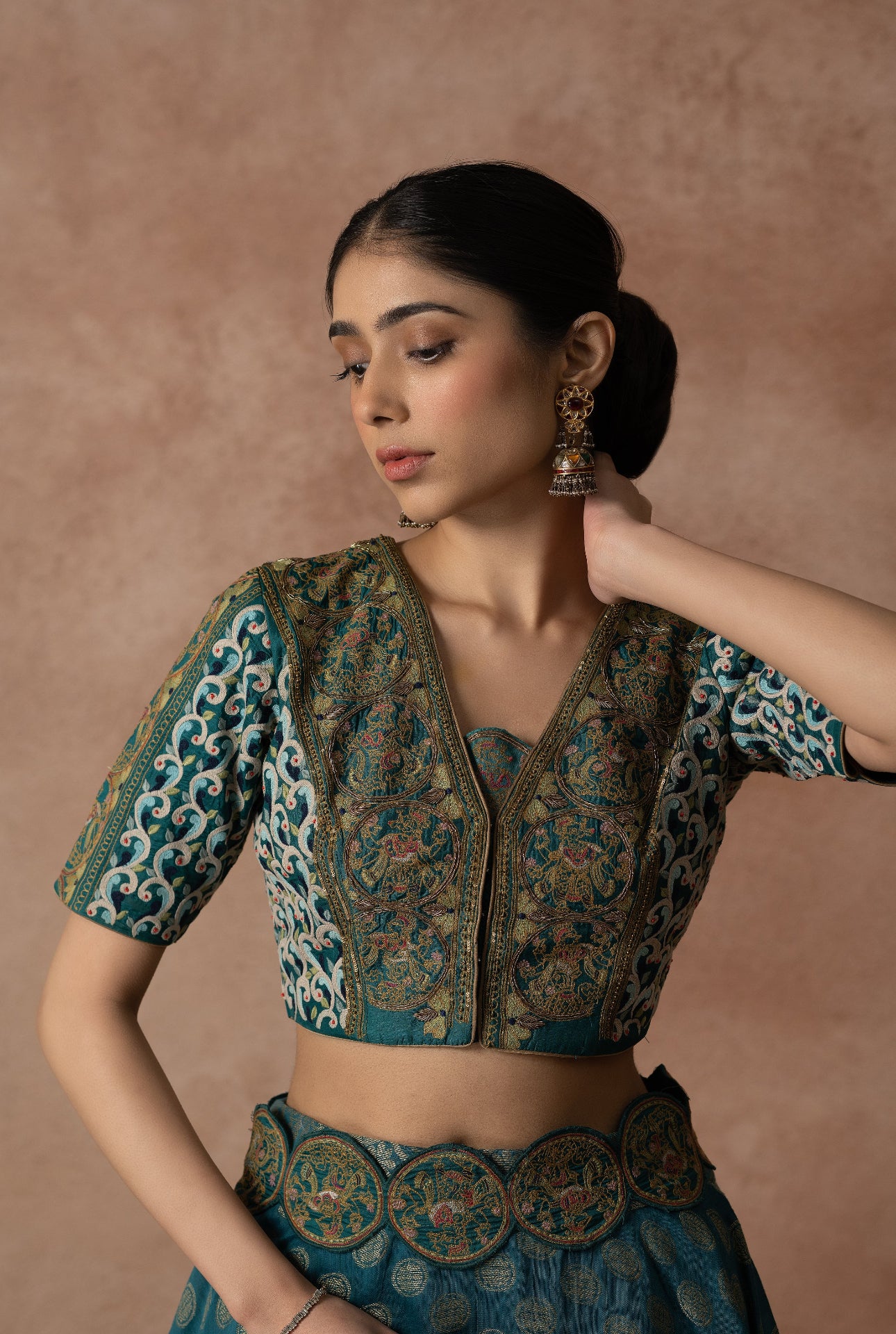 Finely Embroidered Green Silk Blouse And Chanderi Silk Lehenga