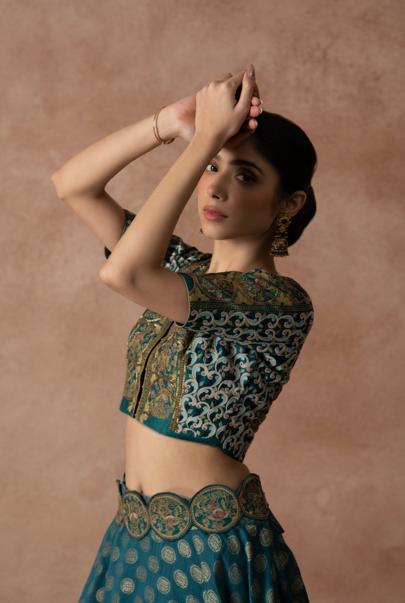 Finely Embroidered Green Silk Blouse And Chanderi Silk Lehenga