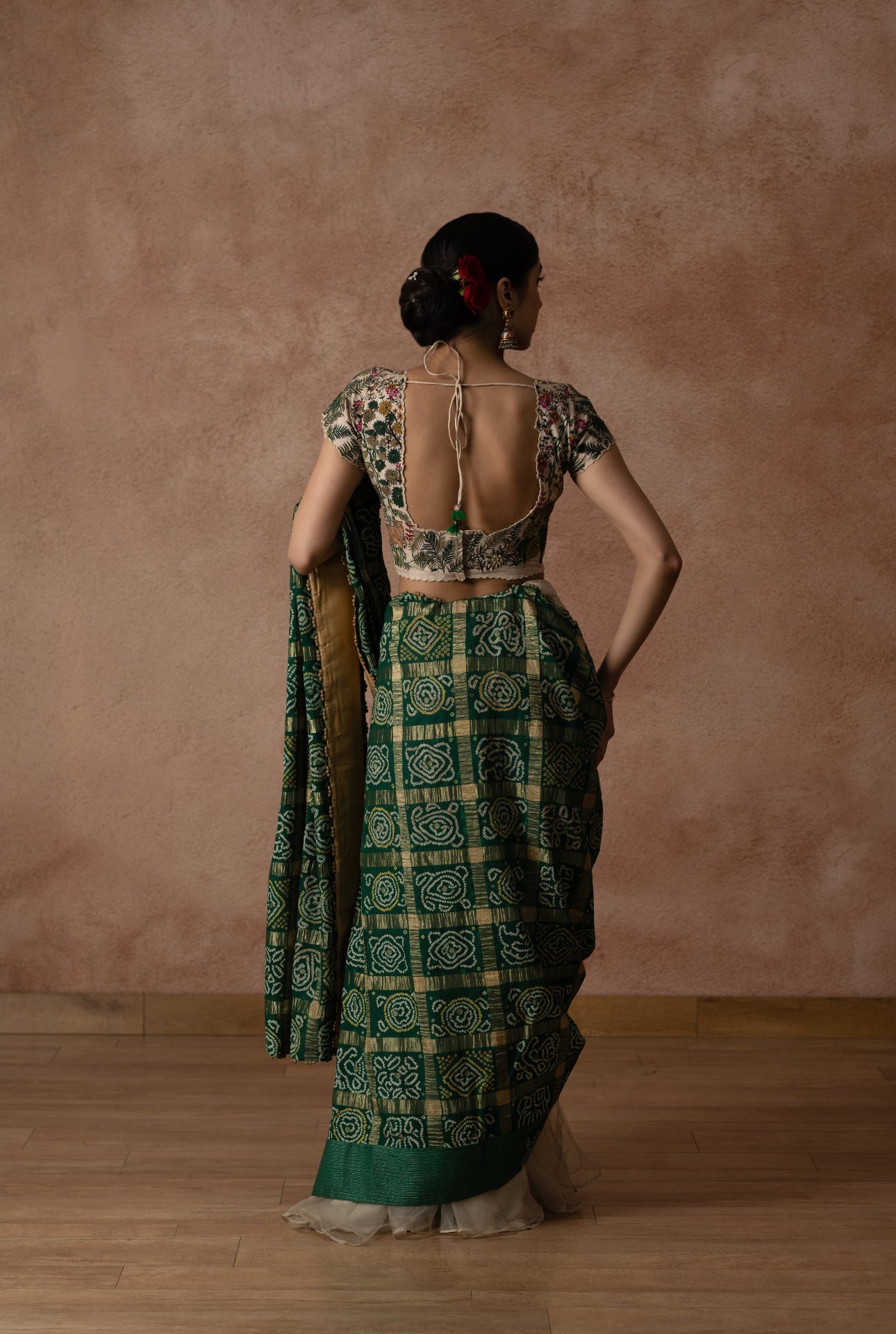 Off White Silk Blouse With Floral Lord Krishna Embroidery Paired With Organza Lehenga