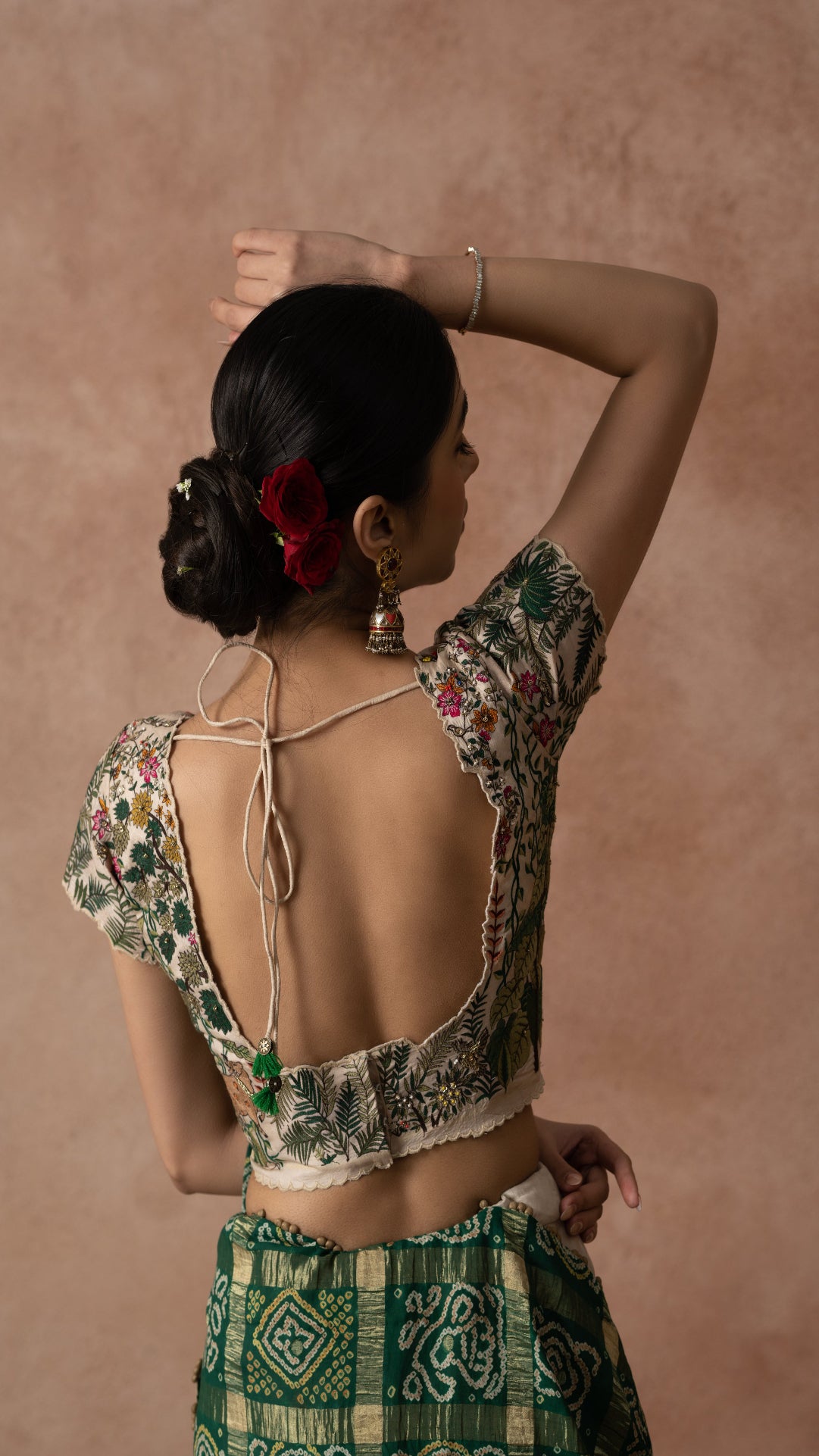 Off White Silk Blouse With Floral Lord Krishna and Ganesha Embroidery