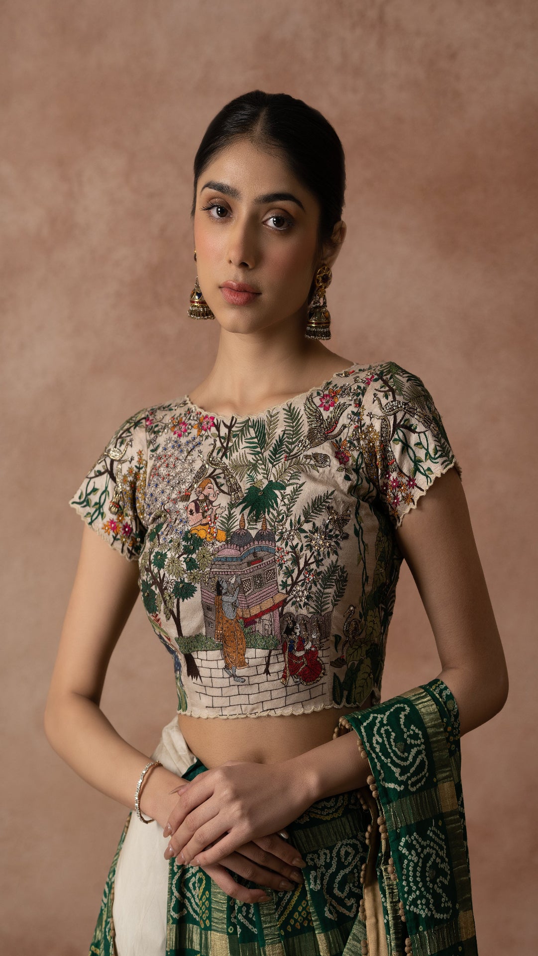 Off White Silk Blouse With Floral Lord Krishna and Ganesha Embroidery