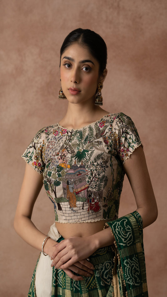 Off White Silk Blouse With Floral Lord Krishna and Ganesha Embroidery
