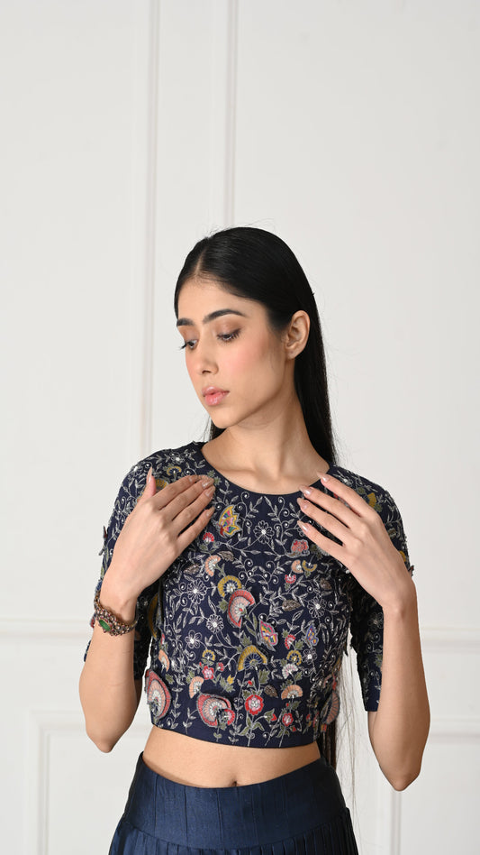 Blue Silk Floral Embroidered Blouse