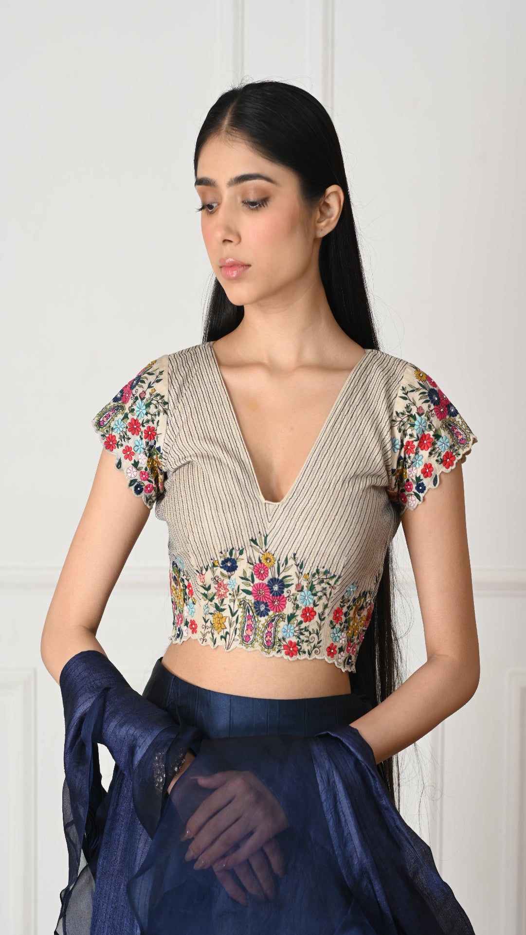 Blue Silk Blouse Embroidery Floral V Neck