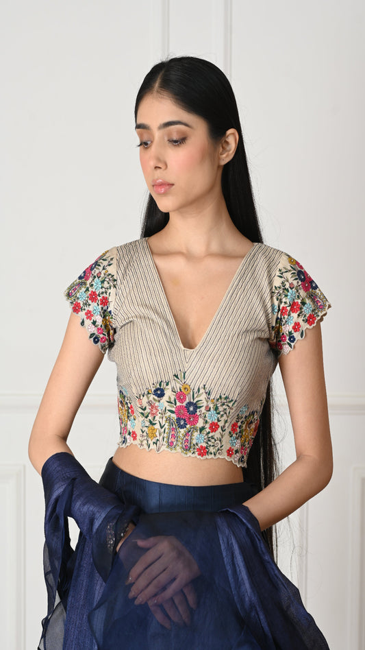 Blue Silk Blouse Embroidery Floral V Neck