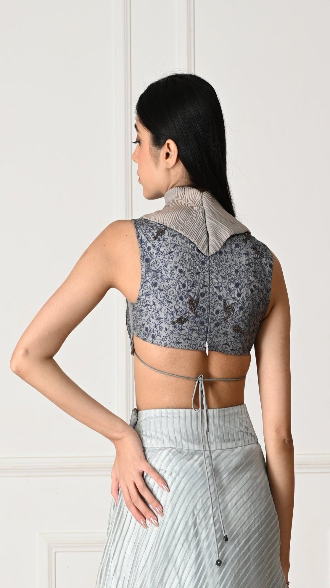 Blue Silk Blouse With Floral Shawl Garden Embroidery