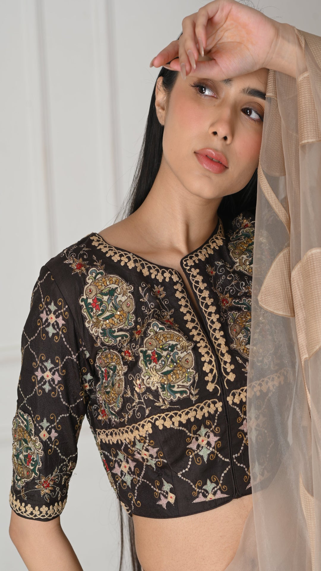 3D Fish Patch Embroidered Silk Blouse