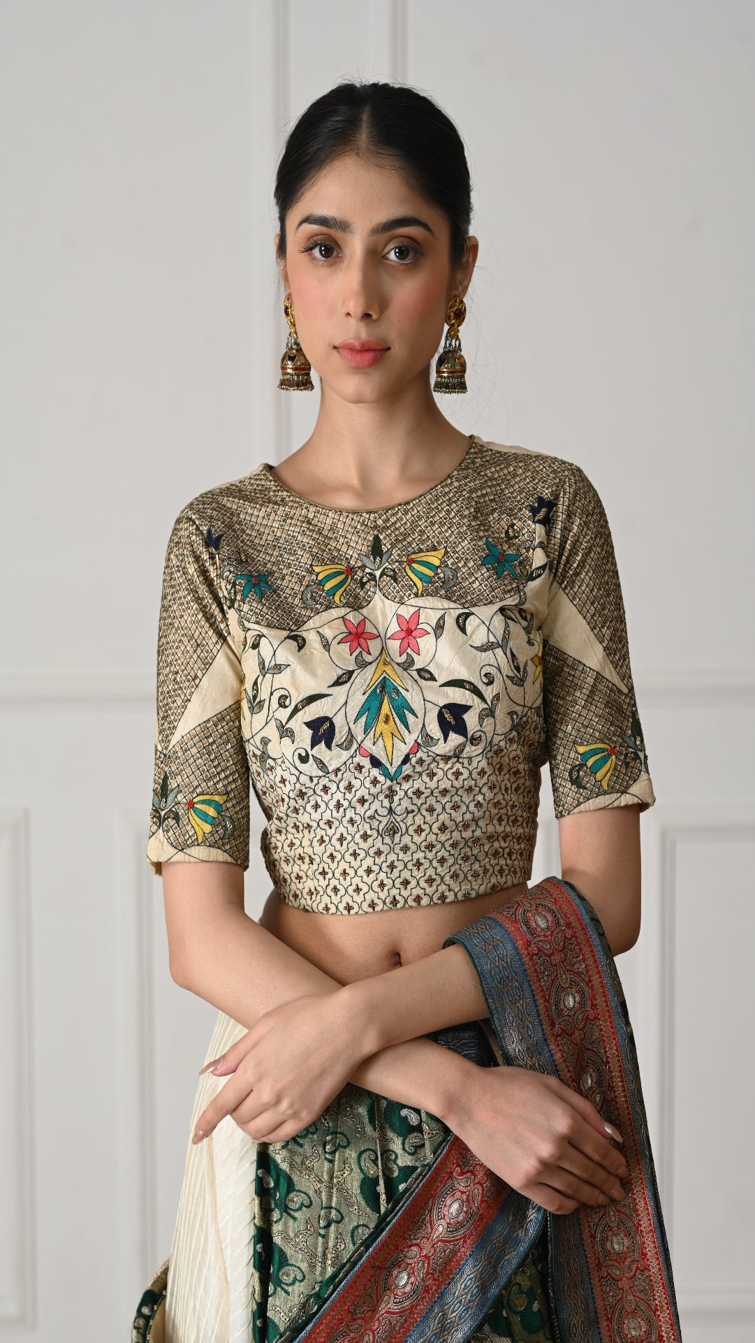 Gold & Ivory Handcrafted Blouse with Bird Motif