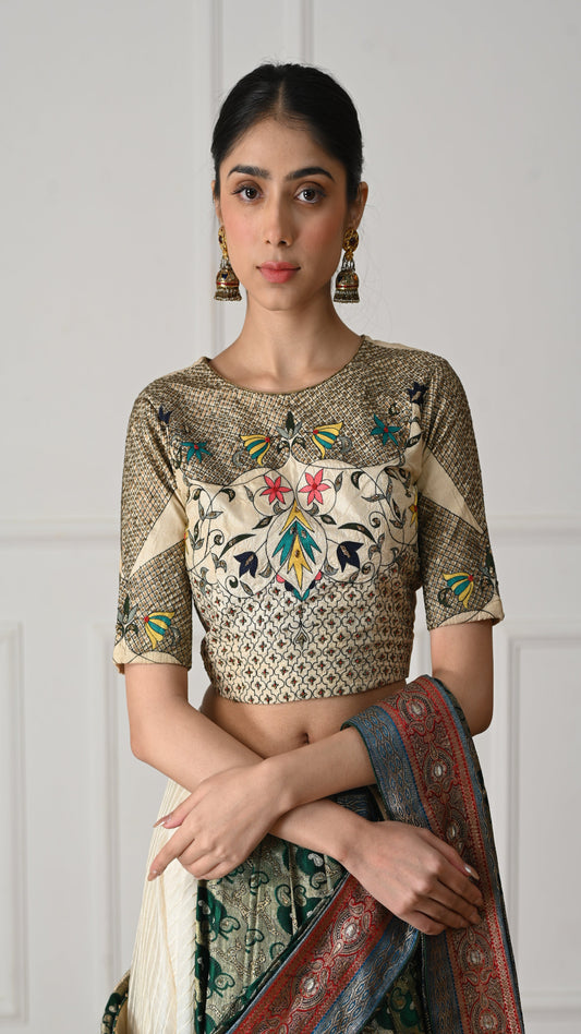 Gold & Ivory Handcrafted Blouse with Bird Motif