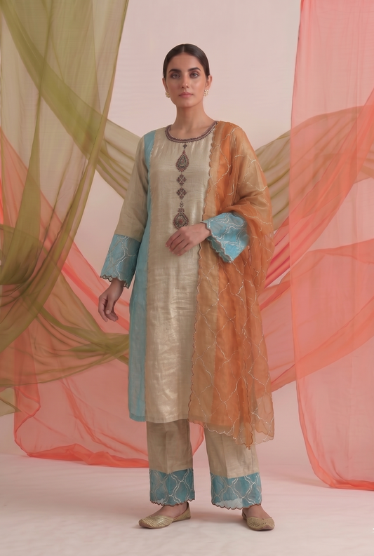 Ivory Tissue Kurta Set with Organza Dupatta