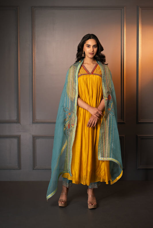 Embroidered Cotton Silk Suit with Organza Dupatta