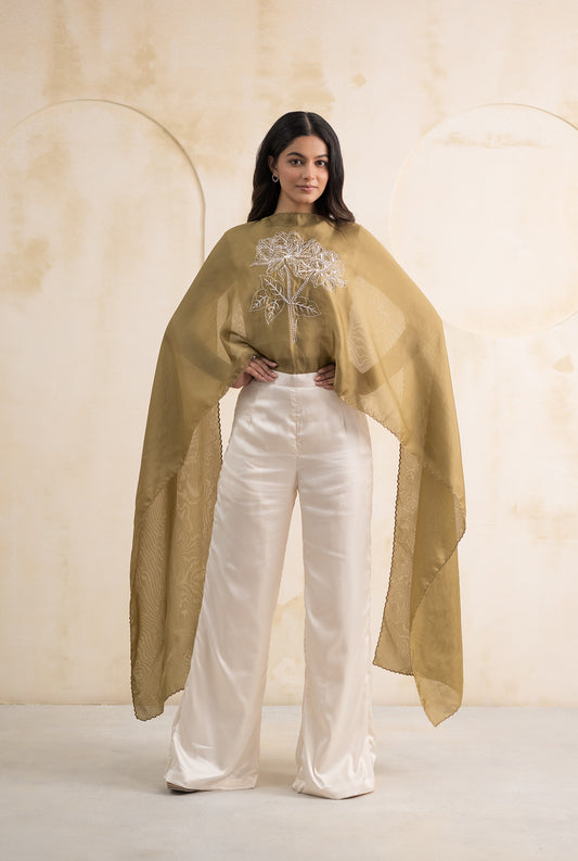 Top with Attached Organza Dupatta Pants Set