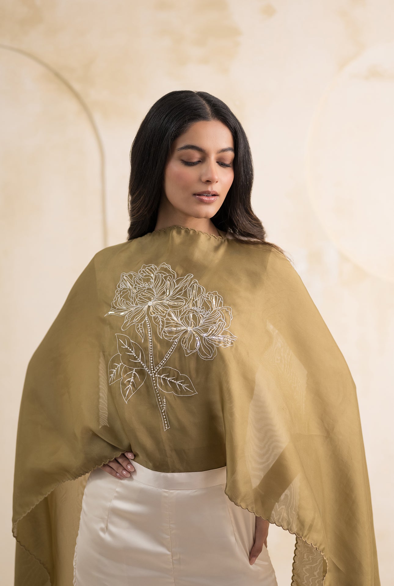 Top with Attached Organza Dupatta Pants Set
