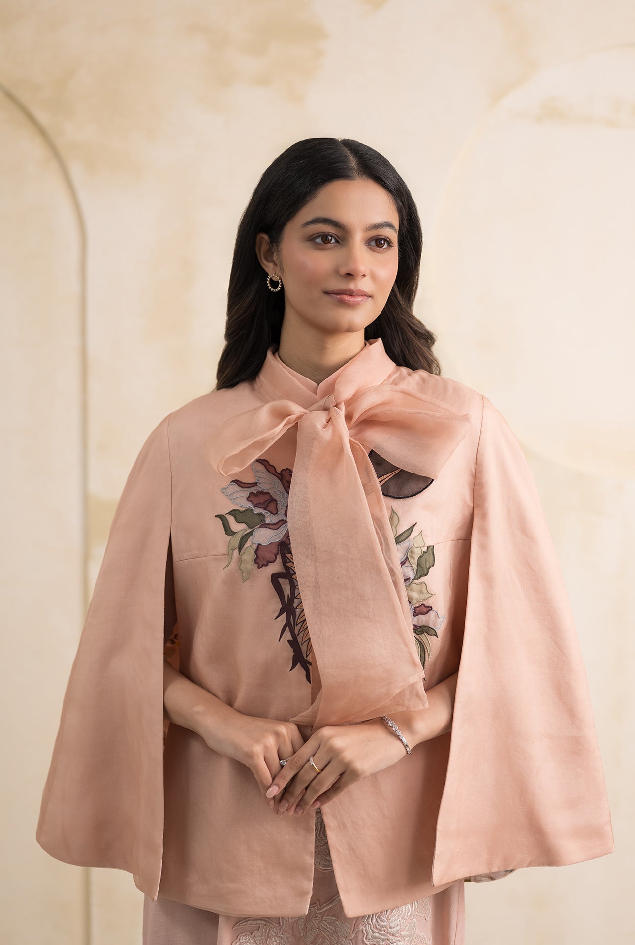 Blush Pink Cape with Appliqué & Threadwork Embroidery