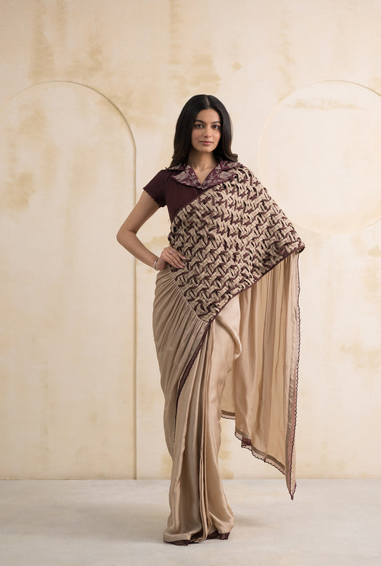 Champagne Satin Georgette Saree with Maroon Embroidered Organza Blouse
