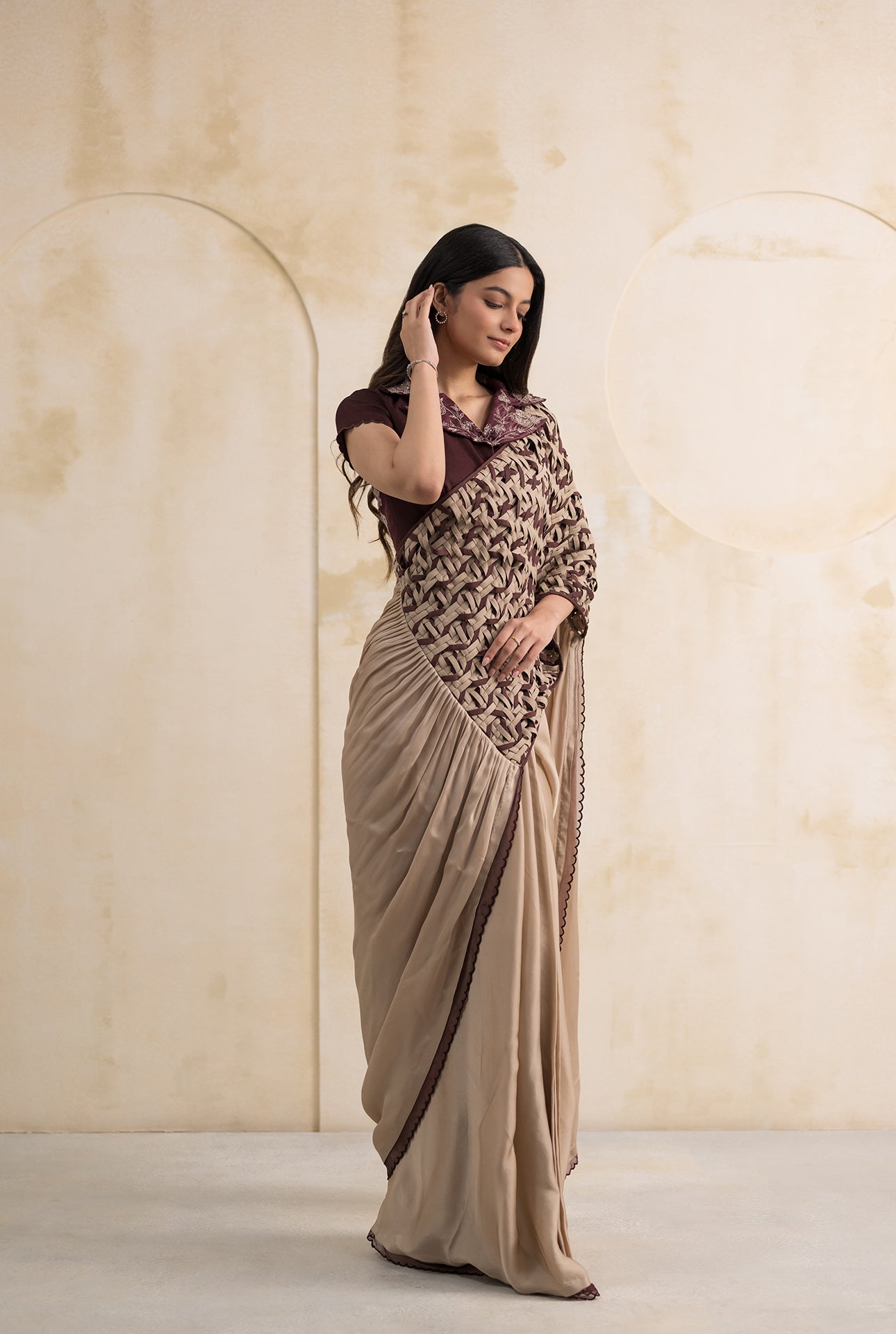 Champagne Satin Georgette Saree with Maroon Embroidered Organza Blouse