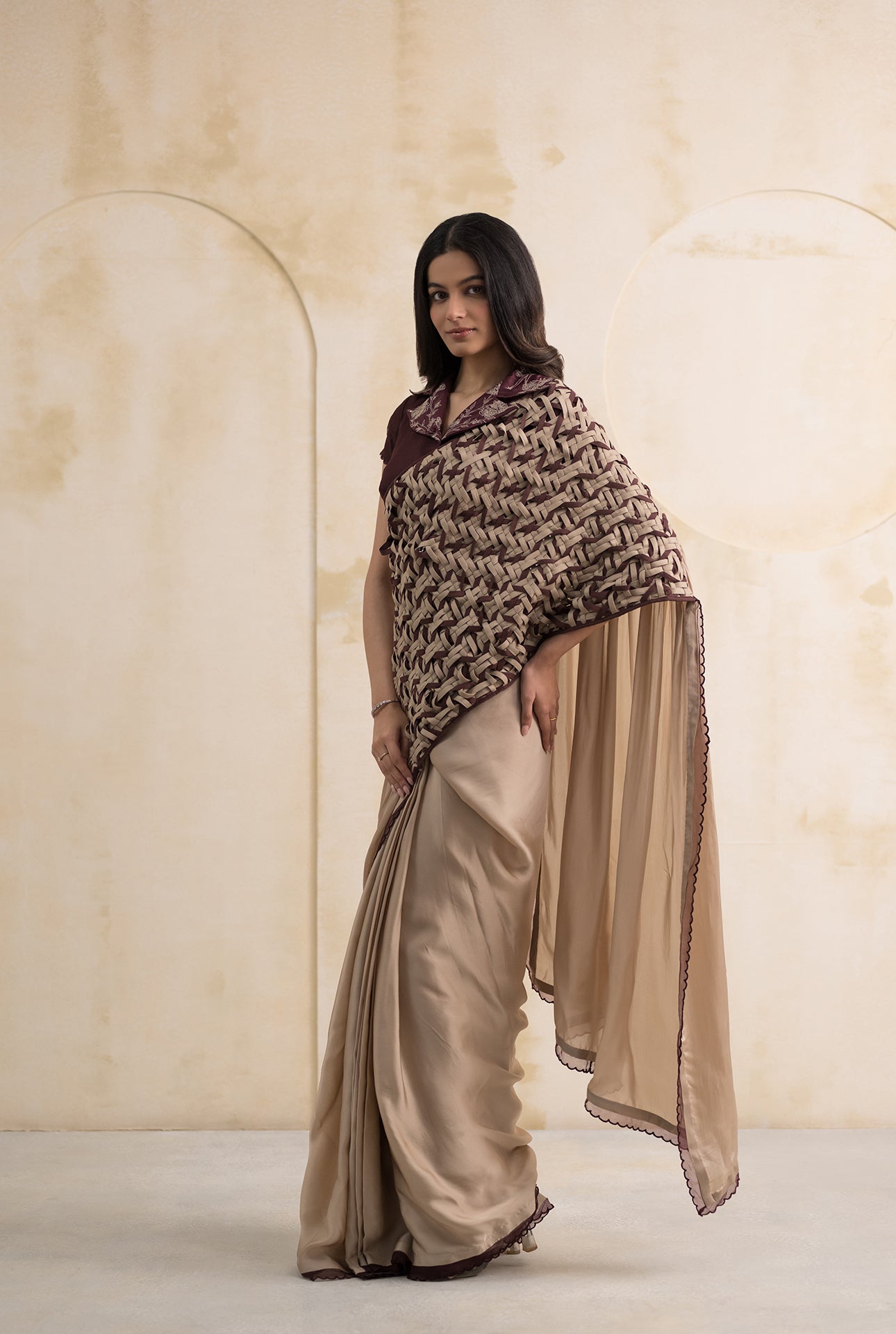 Champagne Satin Georgette Saree with Maroon Embroidered Organza Blouse