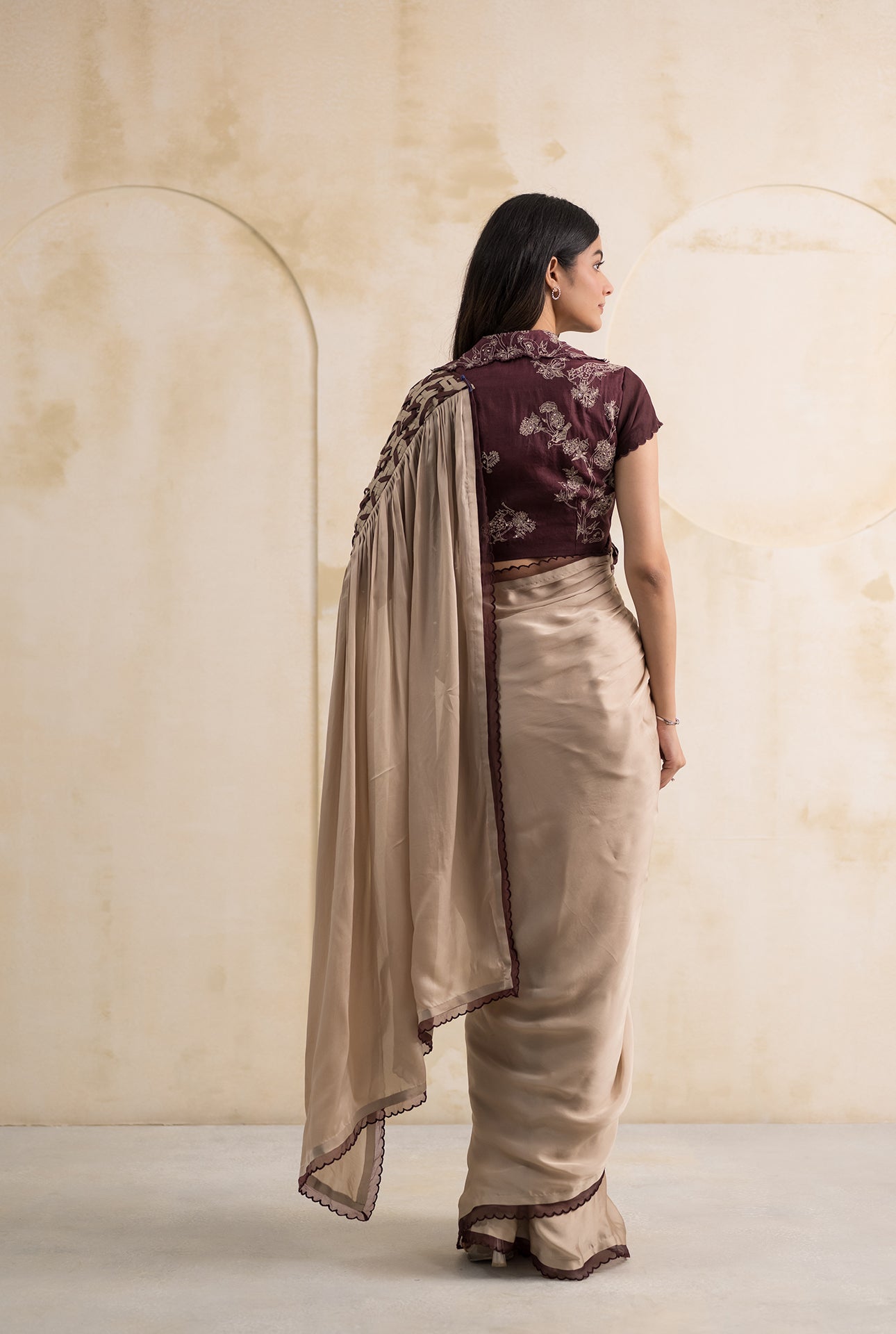 Champagne Satin Georgette Saree with Maroon Embroidered Organza Blouse