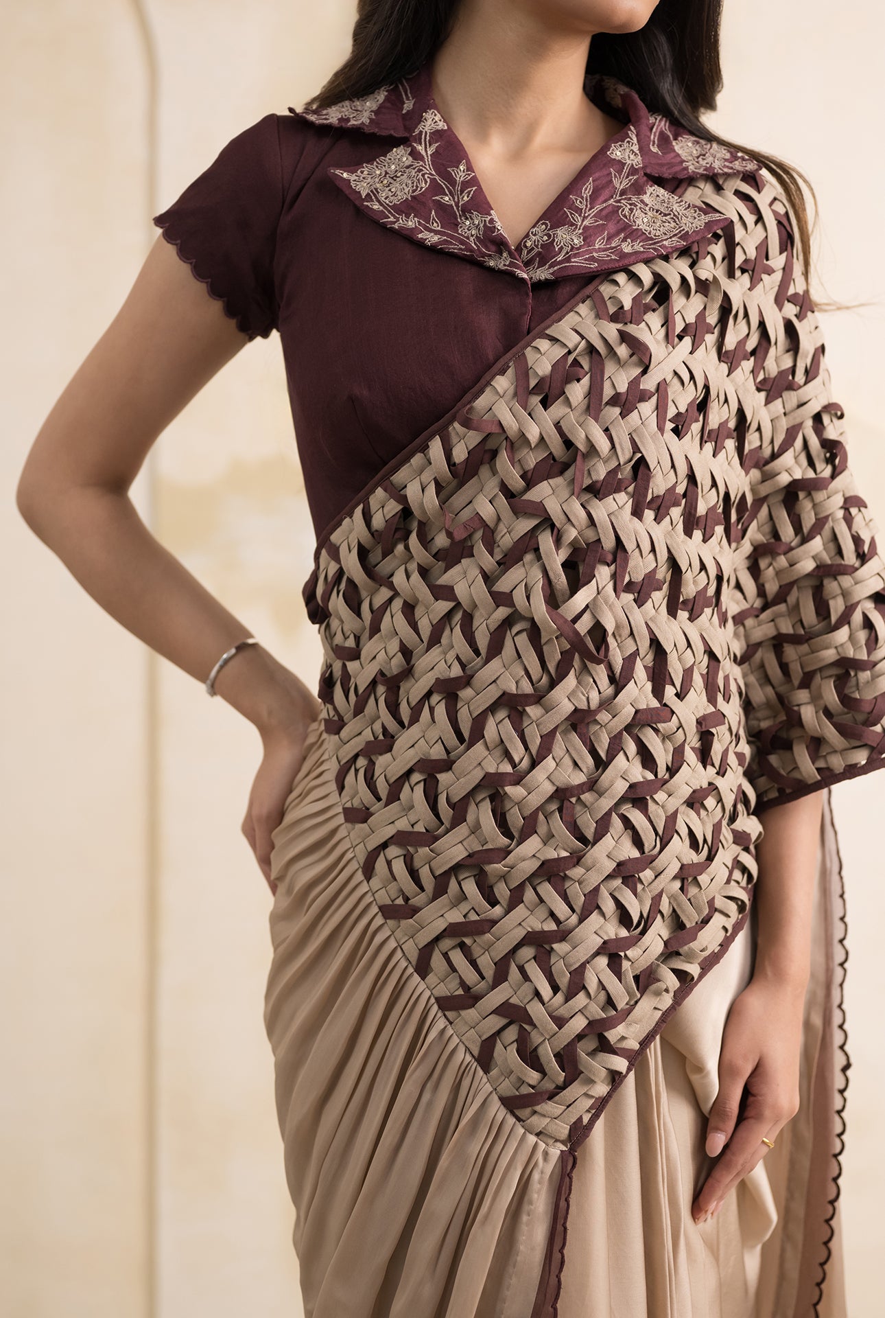 Champagne Satin Georgette Saree with Maroon Embroidered Organza Blouse