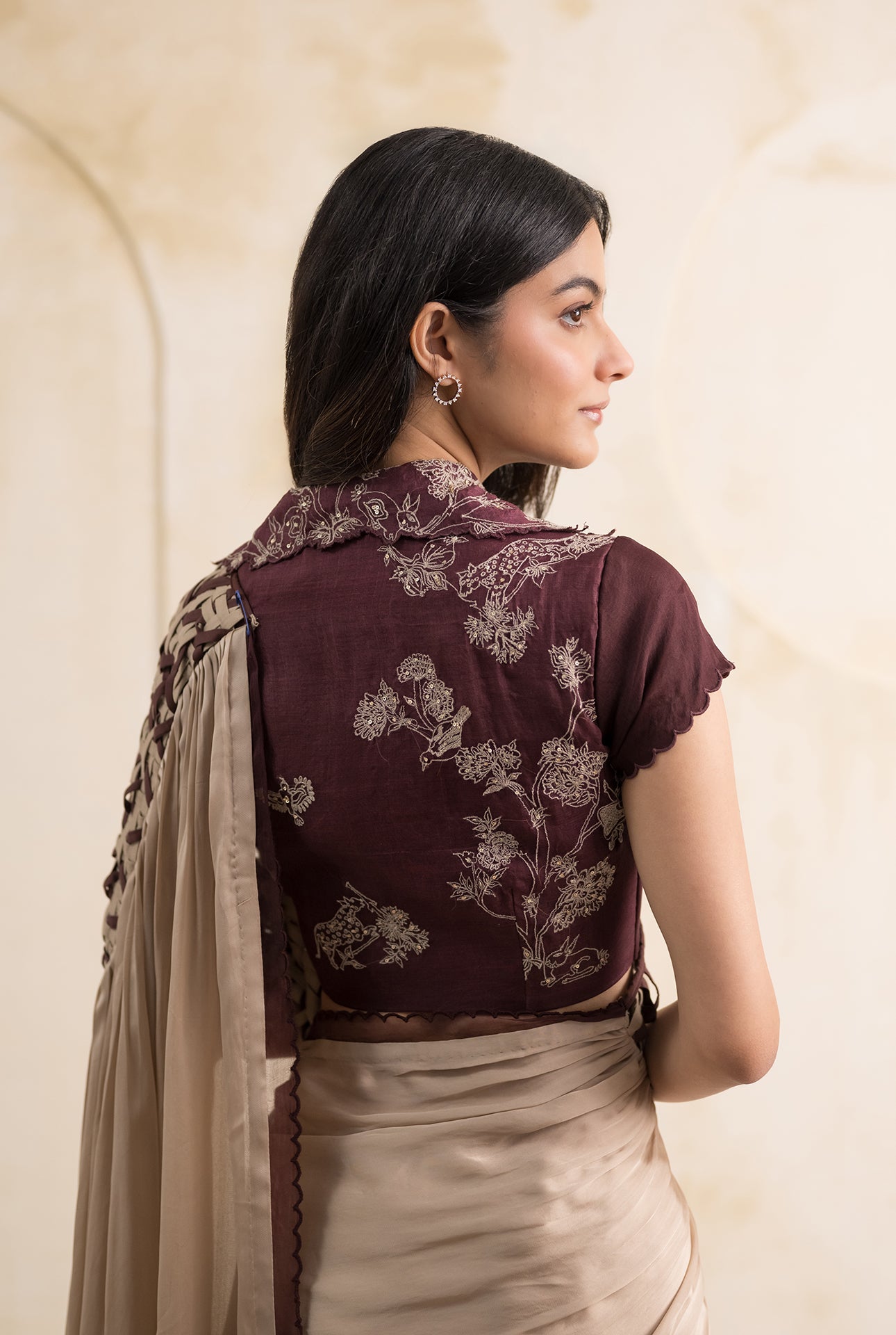 Champagne Satin Georgette Saree with Maroon Embroidered Organza Blouse