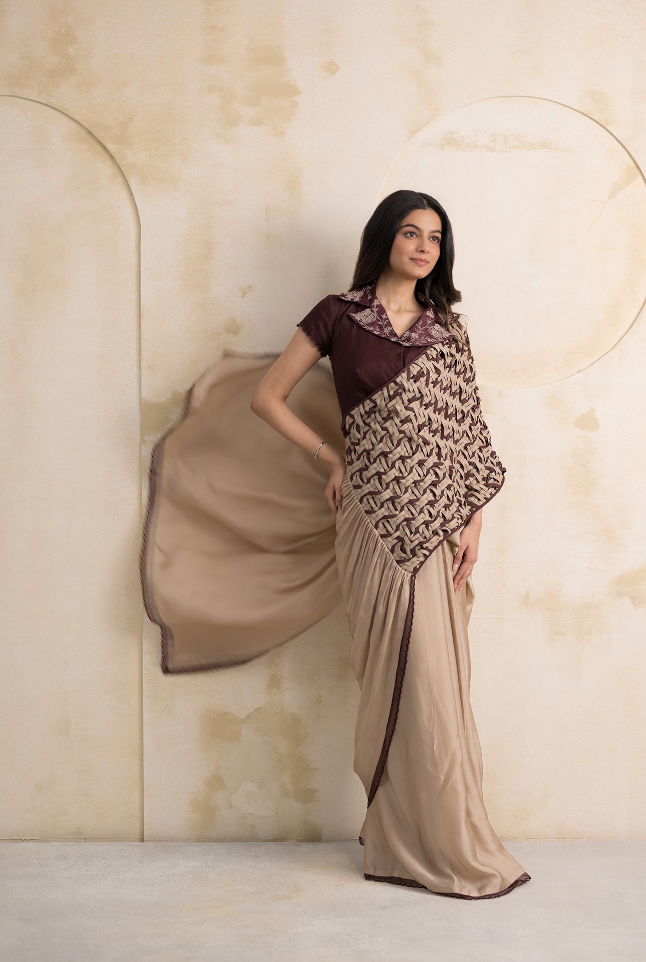 Champagne Satin Georgette Saree with Maroon Embroidered Organza Blouse