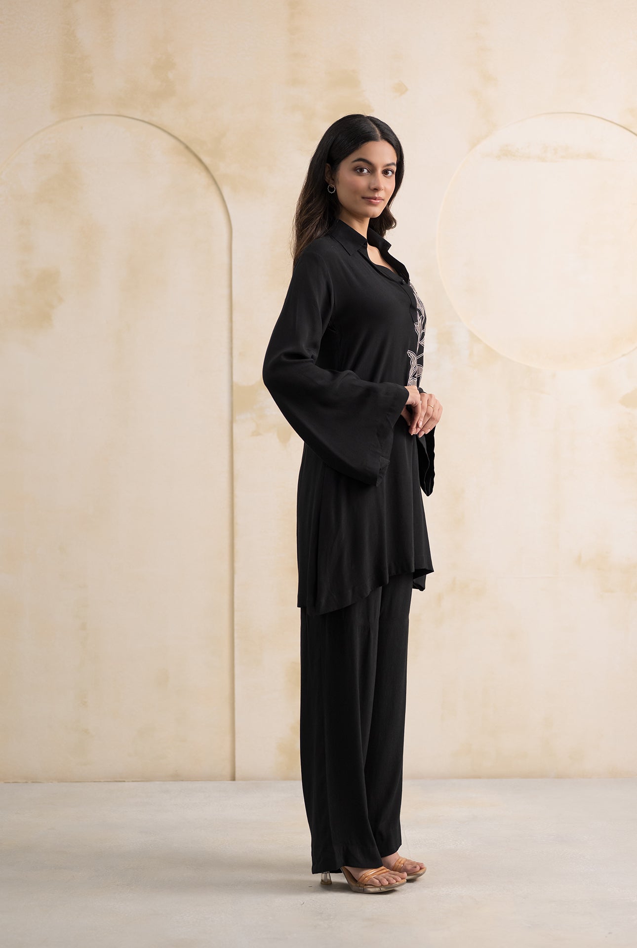 Black Double Georgette Set with Appliqué Detailing