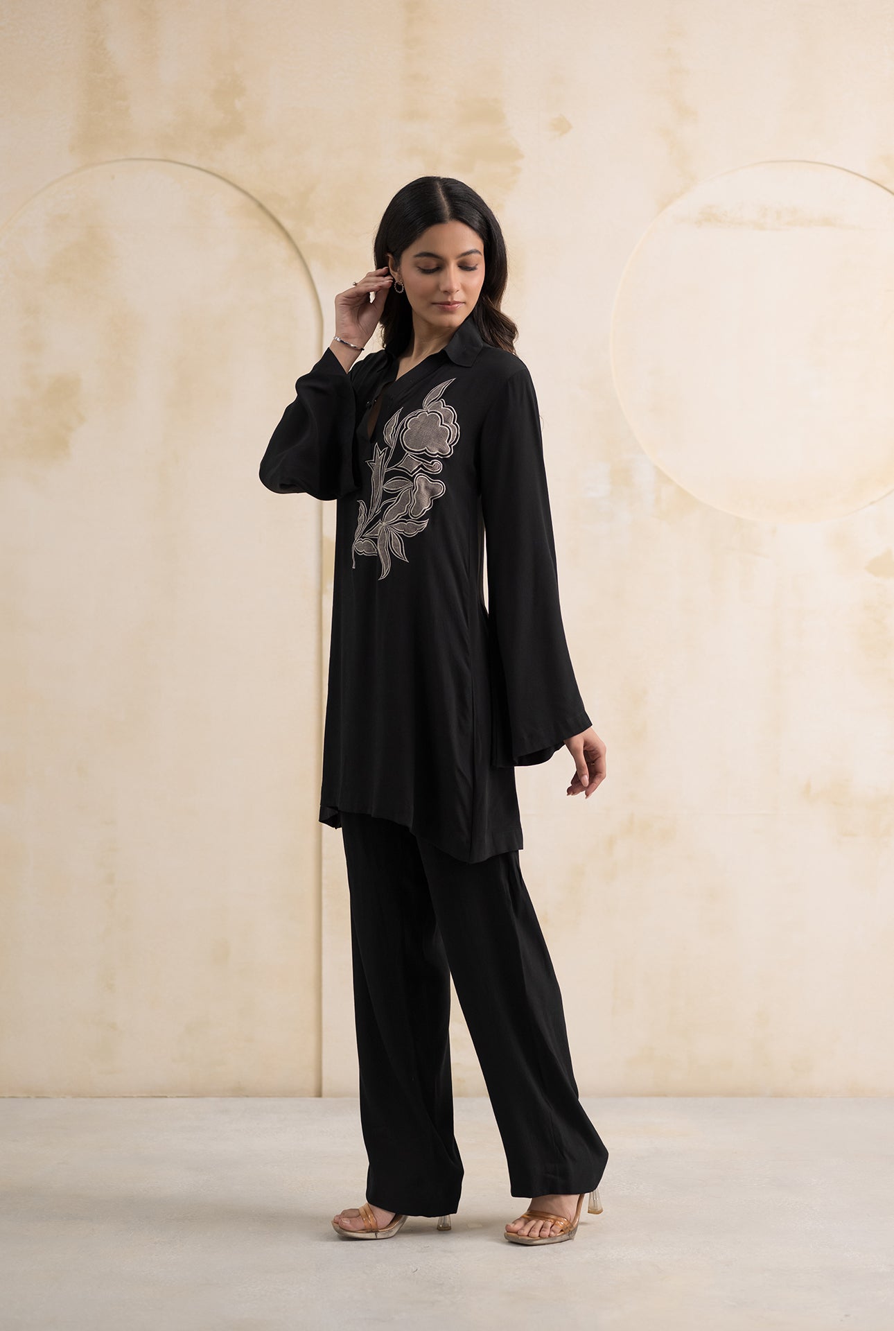 Black Double Georgette Set with Appliqué Detailing