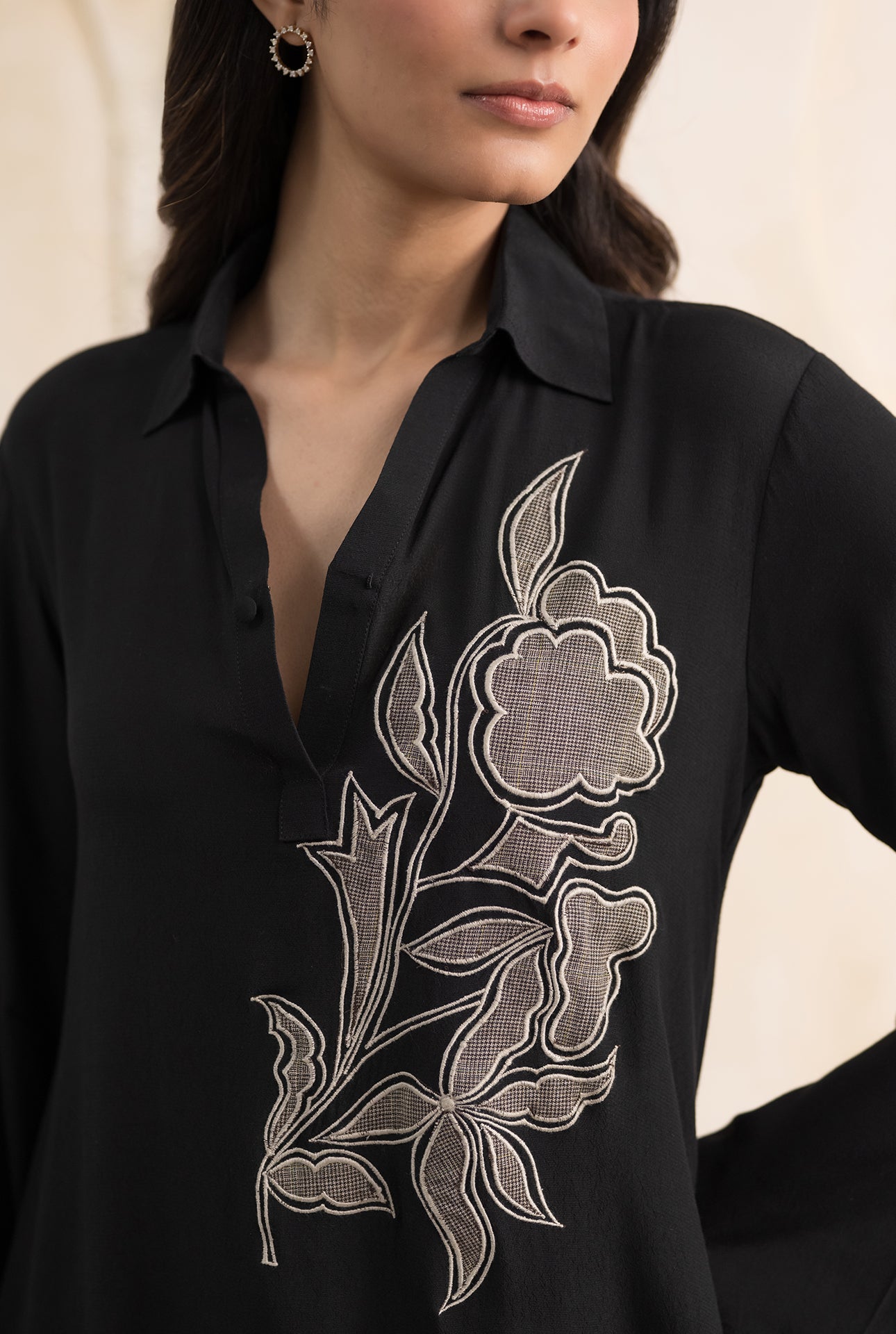 Black Double Georgette Set with Appliqué Detailing