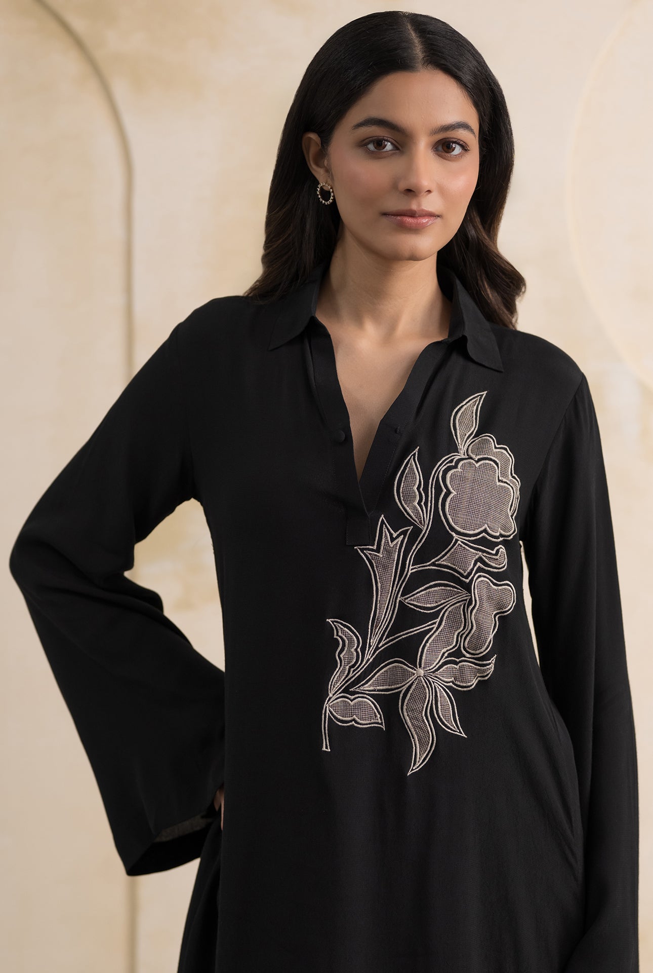 Black Double Georgette Set with Appliqué Detailing
