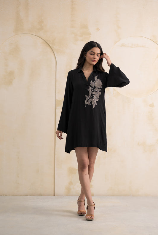 Black Double Georgette Dress with Appliqué Detailing