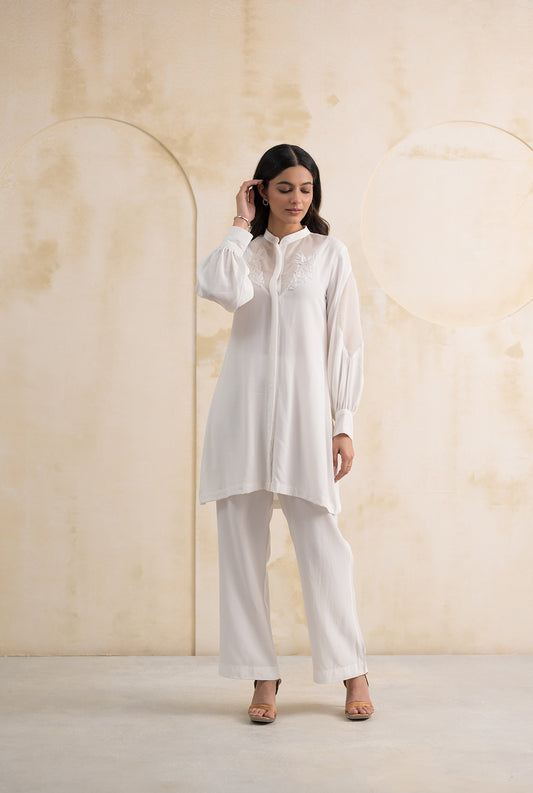 White Embroidered Co-ord Set in Double Georgette