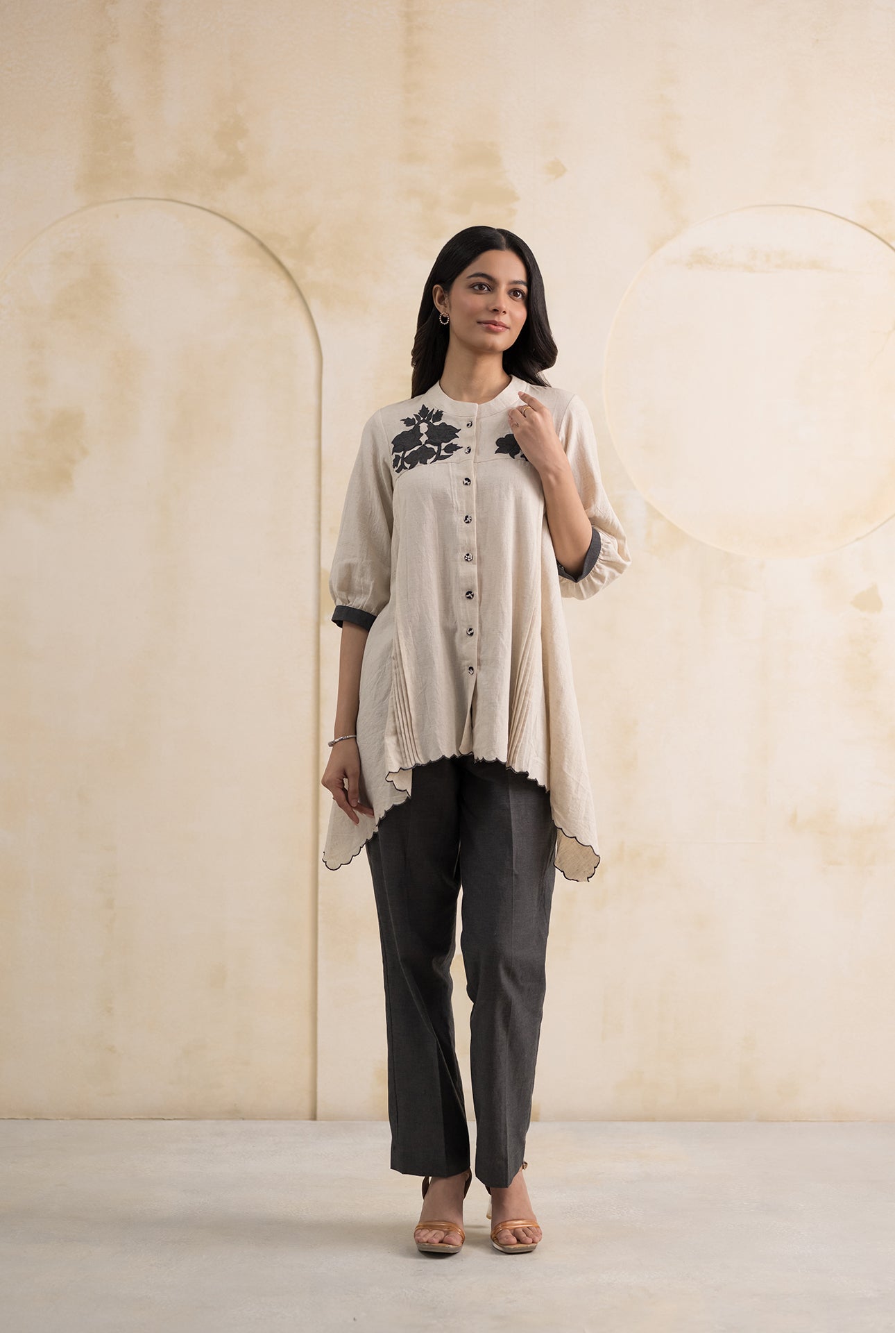 Ivory Linen Coord Set with Grey Appliqué Work