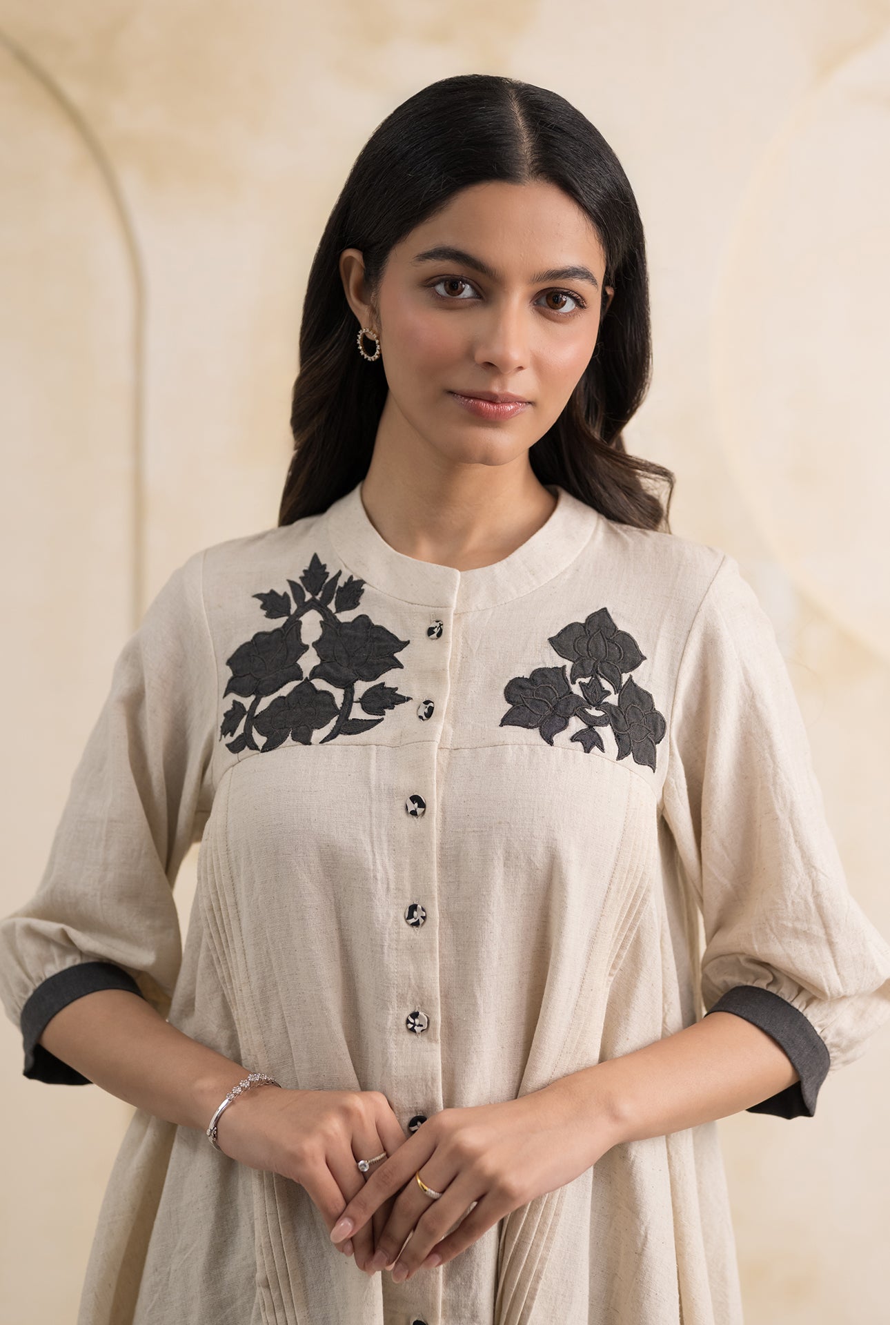 Ivory Linen Coord Set with Grey Appliqué Work