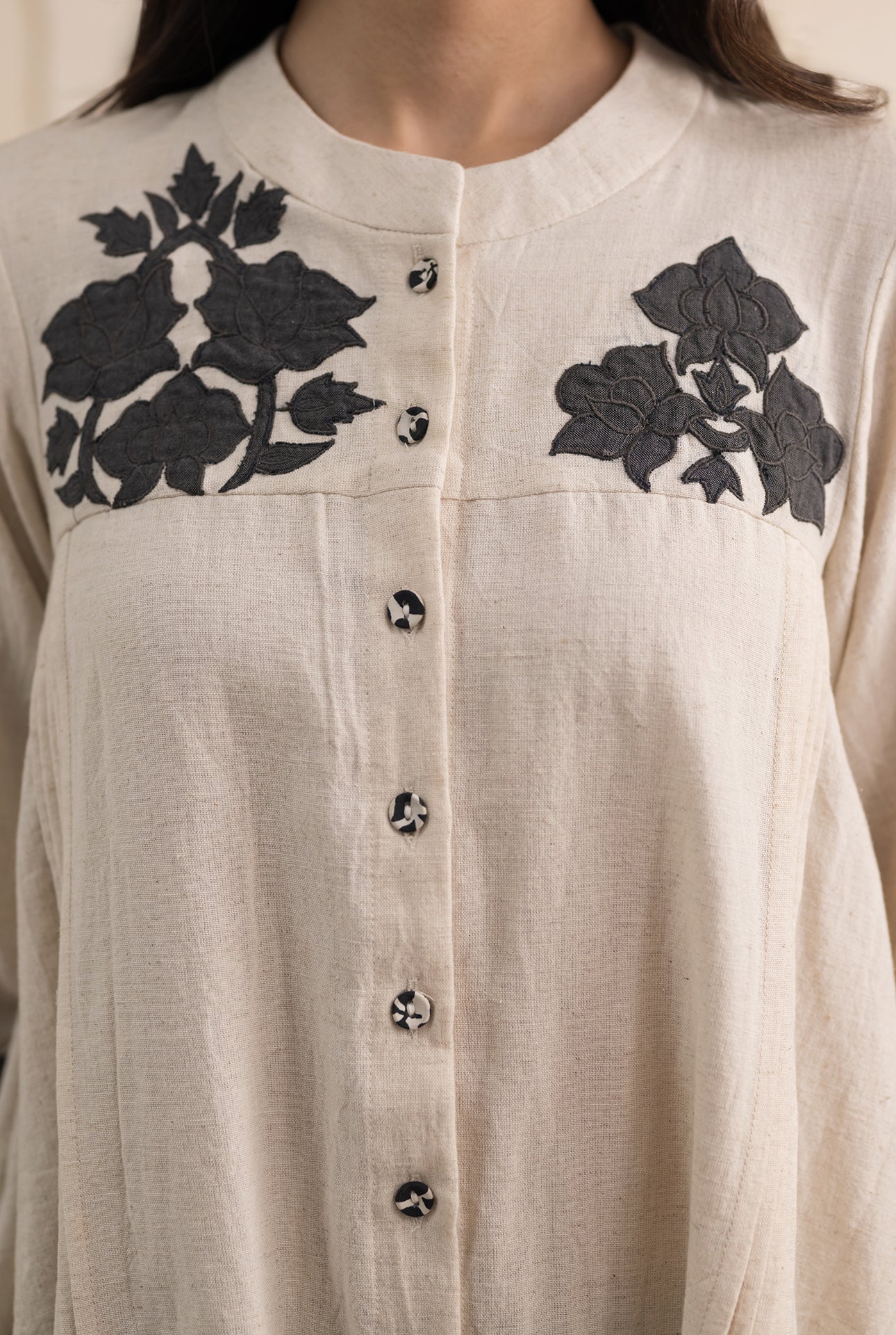 Ivory Linen Coord Set with Grey Appliqué Work