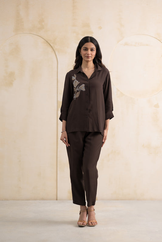 Chocolate Brown Double Georgette Co-ord with Appliqué Detailing