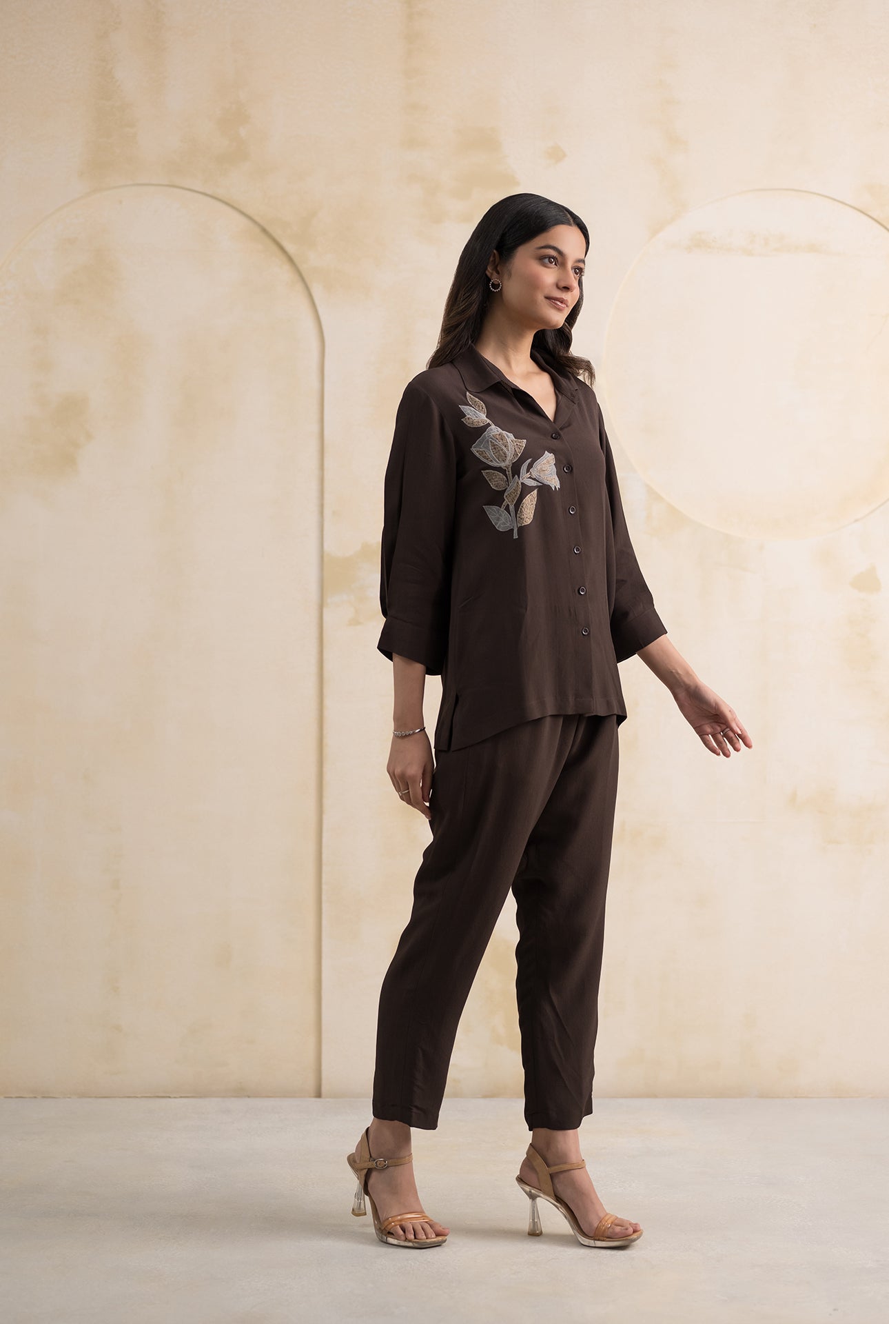 Chocolate Brown Double Georgette Co-ord with Appliqué Detailing