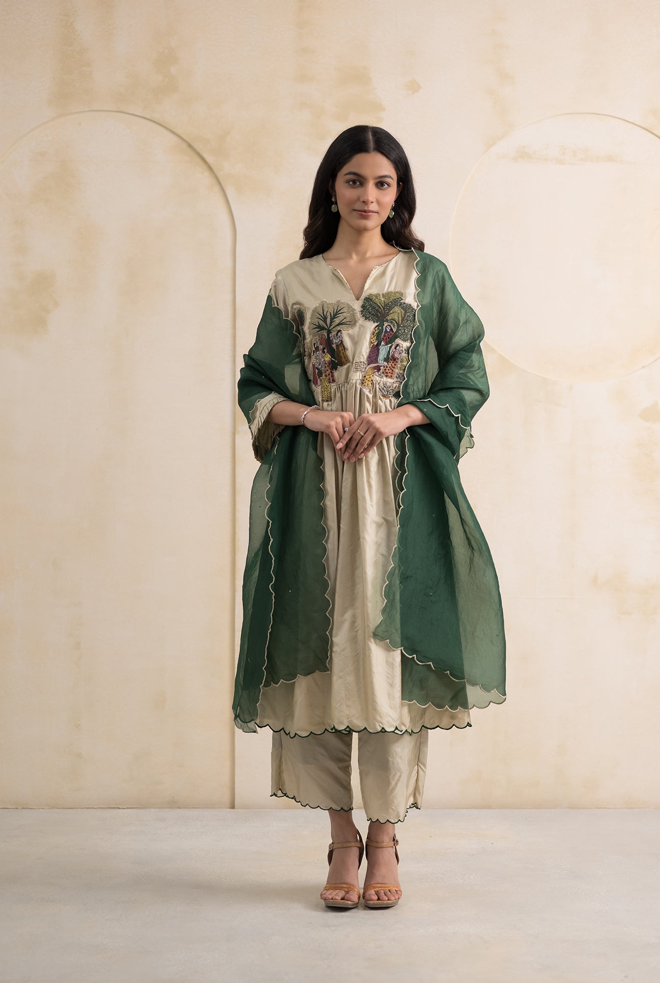 Ivory Green Dupion Silk Suit Set with Folklore Thread Embroidery