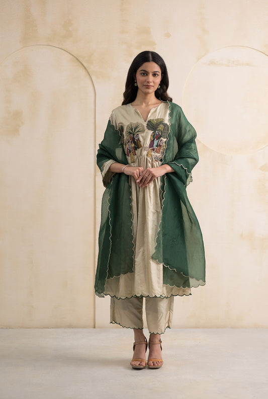 Ivory Green Dupion Silk Suit Set with Folklore Thread Embroidery