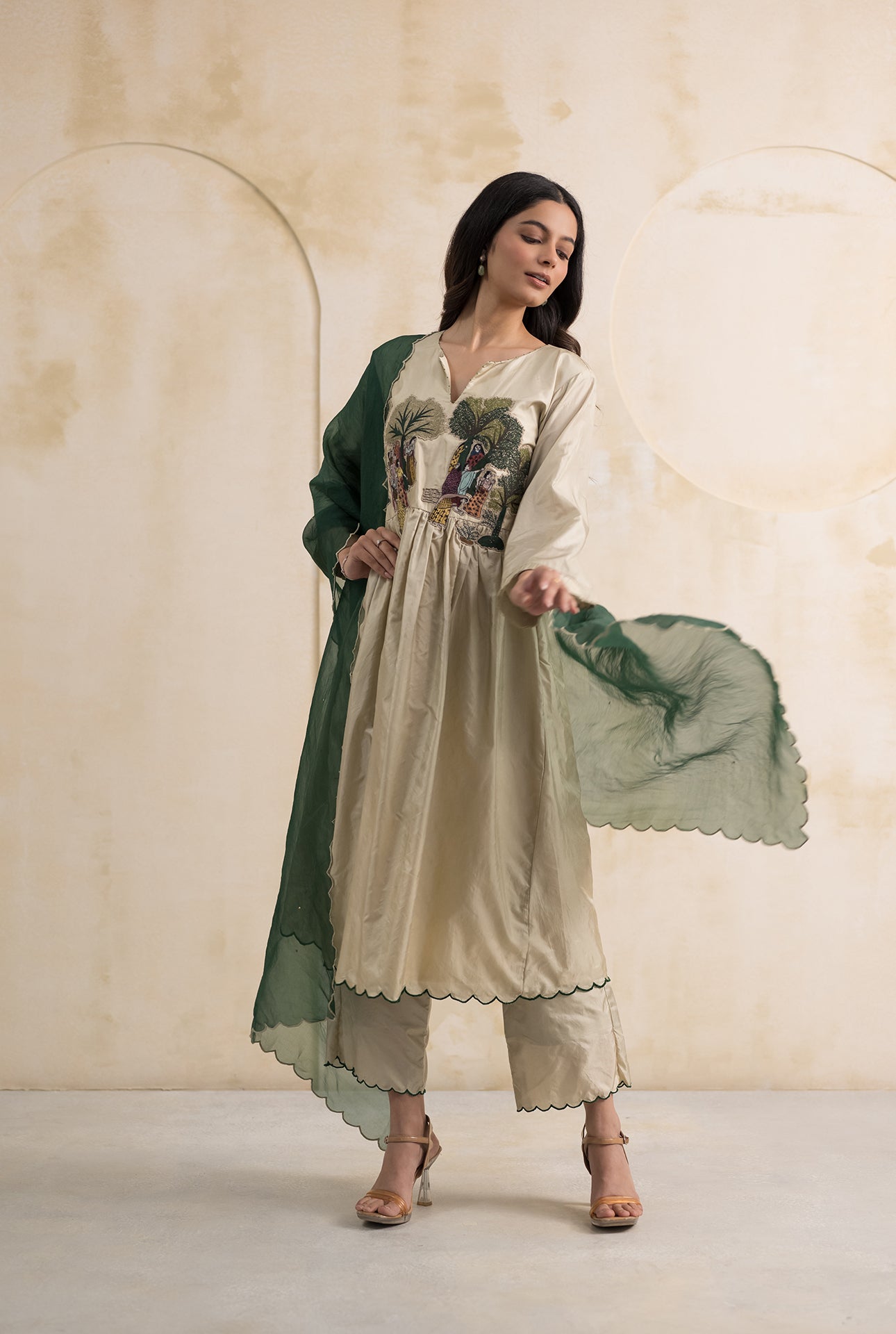 Ivory Green Dupion Silk Suit Set with Folklore Thread Embroidery